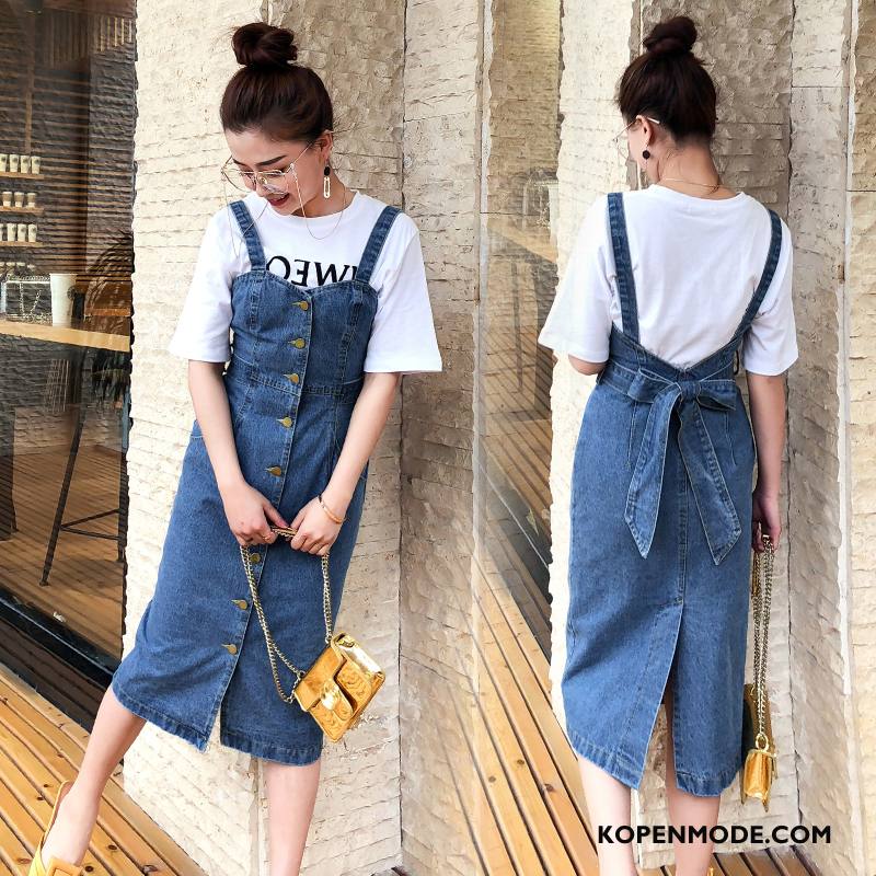 Spijkerjurken Dames Mouwloos Denim Zomer Met Één Rij Knoppen Mid Taille Lang Blauw