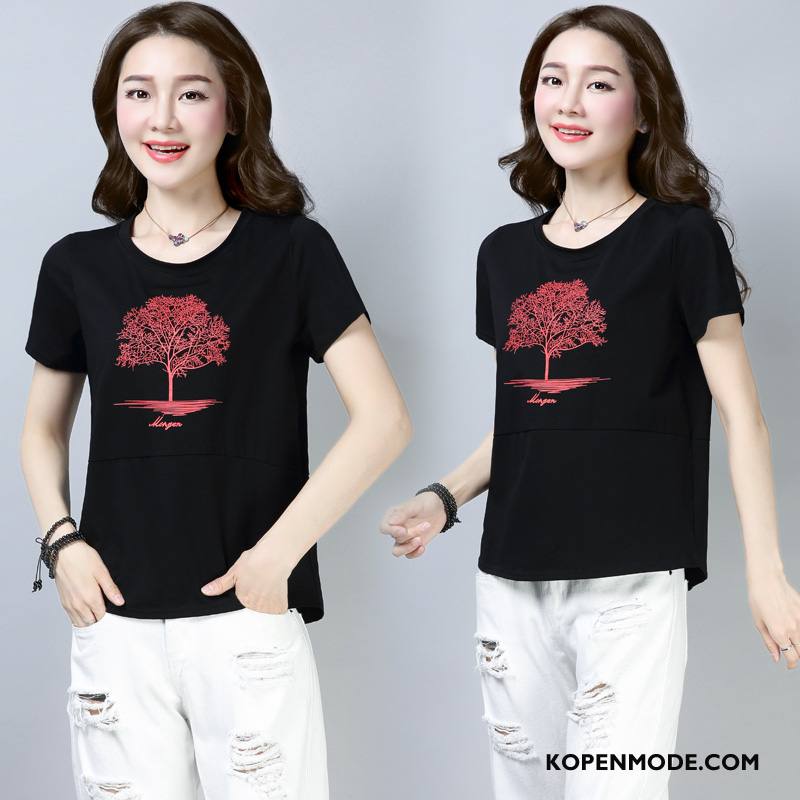 T-shirts Dames Eenvoudige Bedrukken Verbinding Elegante Slim Fit Losse Zwart