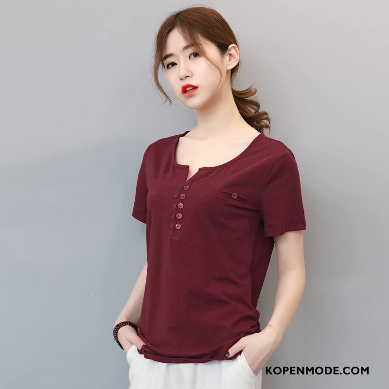 T-shirts Dames Eenvoudige Elegante Mode Trend Zomer Korte Mouw Rode Wijn Effen Kleur