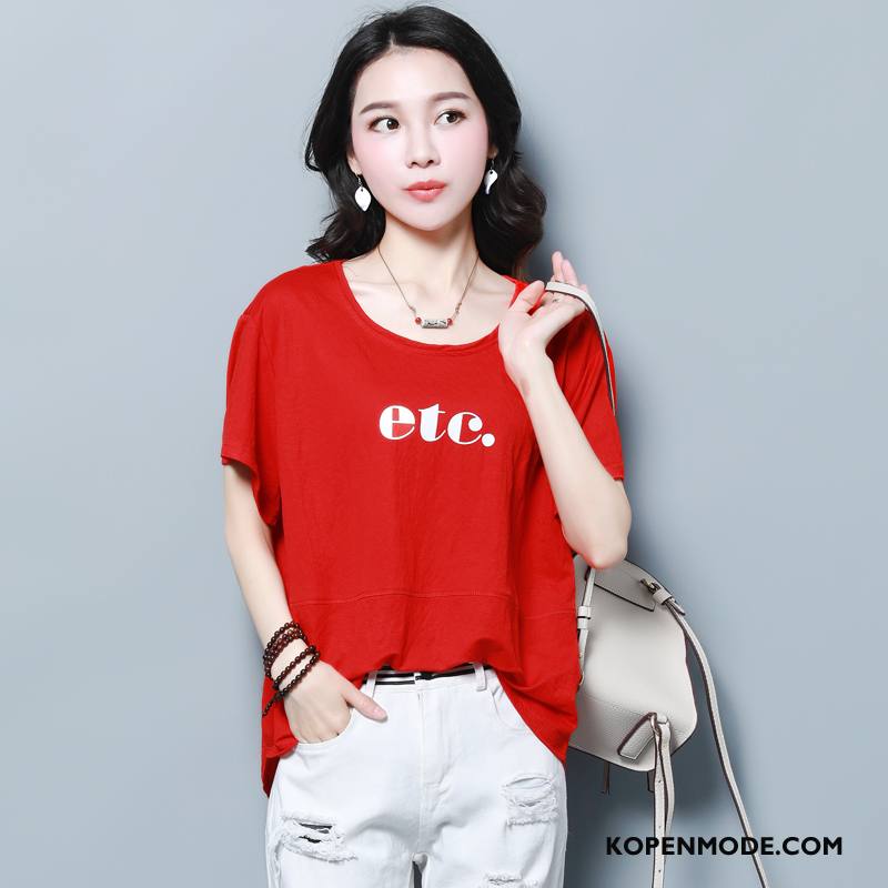 T-shirts Dames Elegante Losse Eenvoudige Ronde Hals Letter Zomer Effen Kleur Rood