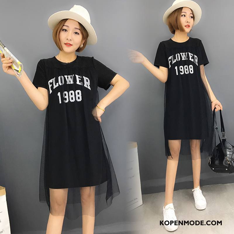 T-shirts Dames Gazen Bedrukken Dunne Trend Zomer Ronde Hals Zwart