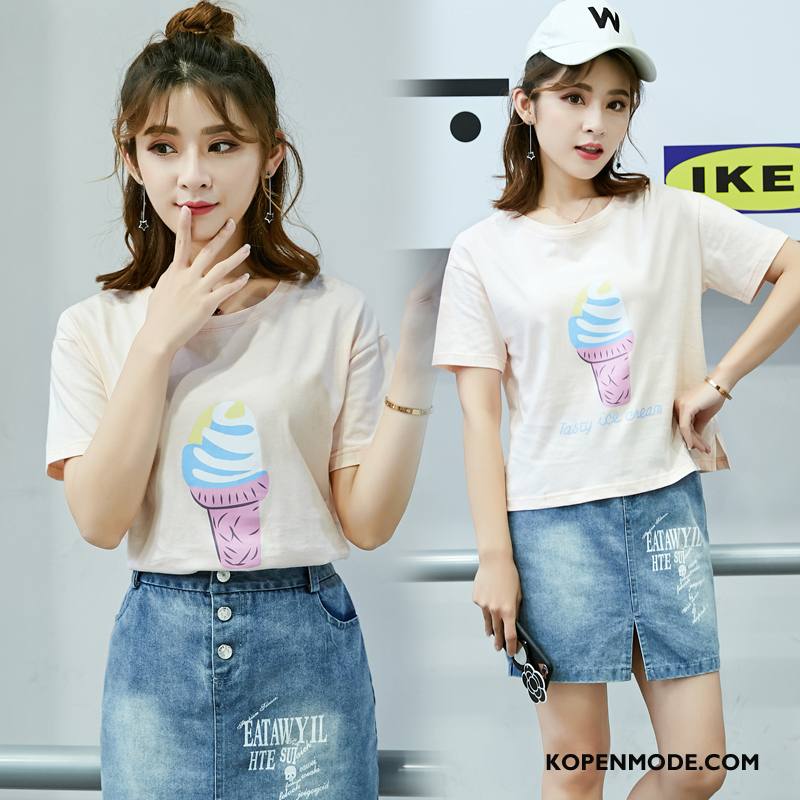 T-shirts Dames Korte Mouw Zuiver 2018 Patroon Elegante Trend Roze Rood