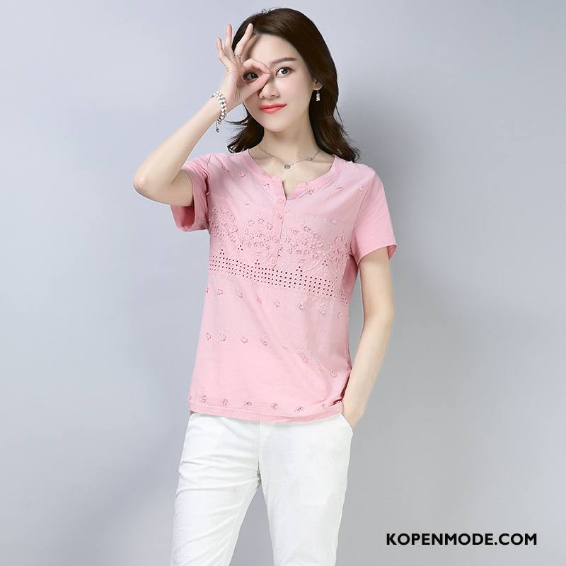 T-shirts Dames Mode Korte Mouw Zomer Kant Losse Riem Roze Rood Effen Kleur