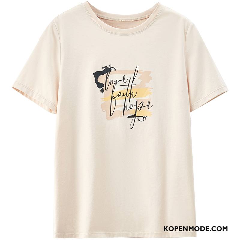 T-shirts Dames Populair Onderhemd Bedrukken Letter Korte Mouw Ronde Hals Beige