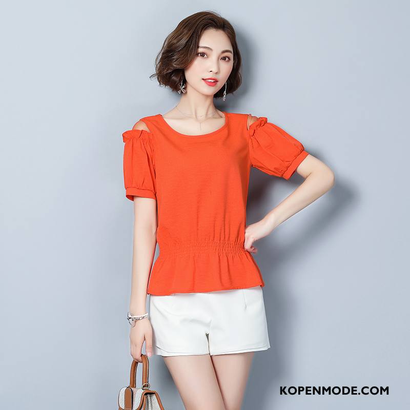 T-shirts Dames Voorjaar Gazen Zoet 2018 Eenvoudige Elegante Effen Kleur Rood Oranje
