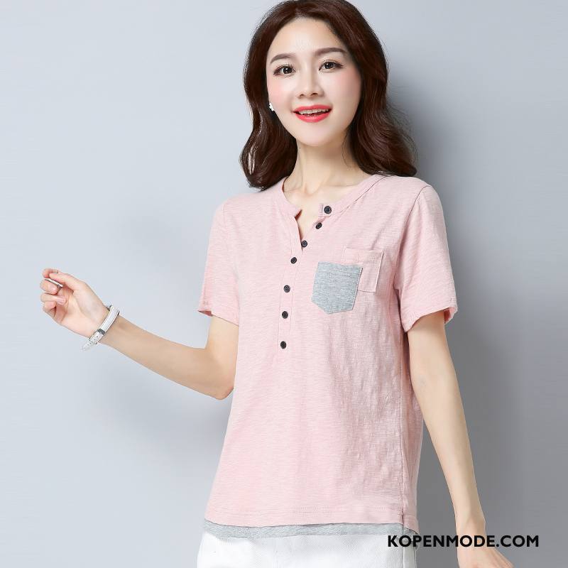 T-shirts Dames Zomer Elegante Korte Mouw Mode Dunne 2018 Roze Rood Effen Kleur
