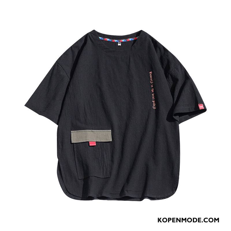 T-shirts Heren Cargo Losse Grote Maten Mannen Chinese Stijl Korte Mouw Zwart