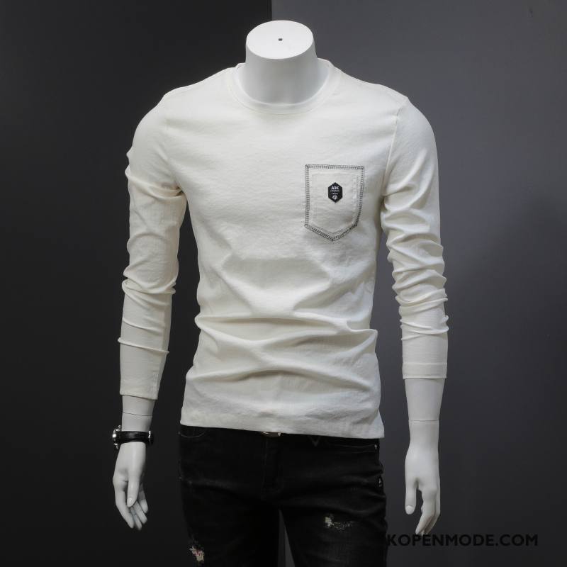 T-shirts Heren Herfst Onderhemd Verbinding Borduurwerk Pullover Trend Effen Kleur Wit Beige