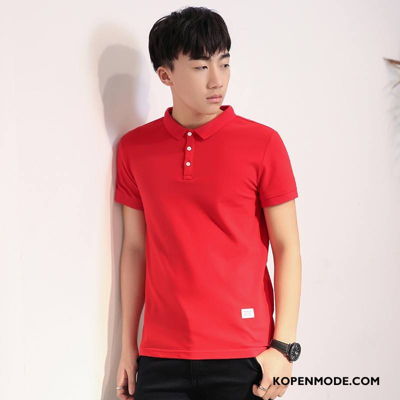 T-shirts Heren Korte Mouw Trend Hemdkraag Slim Fit Polo Effen Kleur Rood