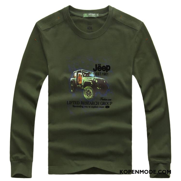 T-shirts Heren Lange Mouwen Bedrukken Casual Losse Ronde Hals Grote Maten Legergroene