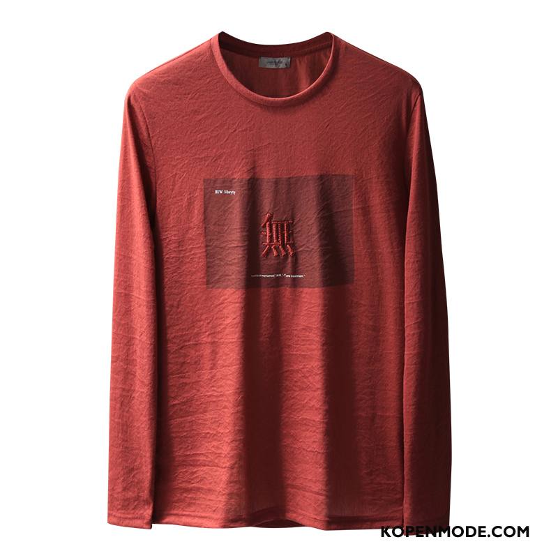 T-shirts Heren Onderhemd Letter T-shirt Lange Mouw Bedrukken Chinese Stijl Mannen Rood