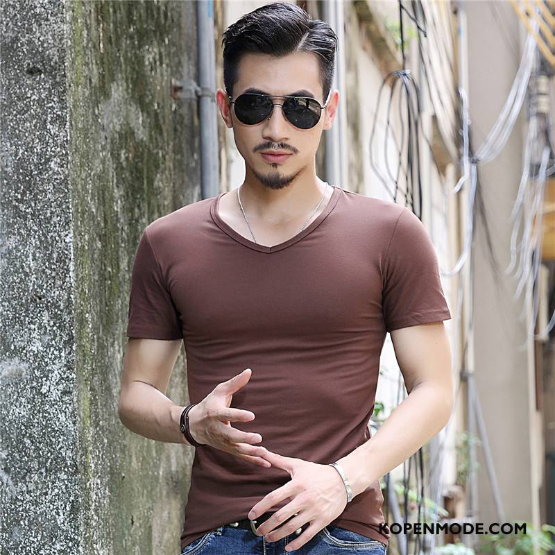 T-shirts Heren Slim Fit Nieuw Korte Mouw Trend Halve Mouw Mannen Effen Kleur Bruine