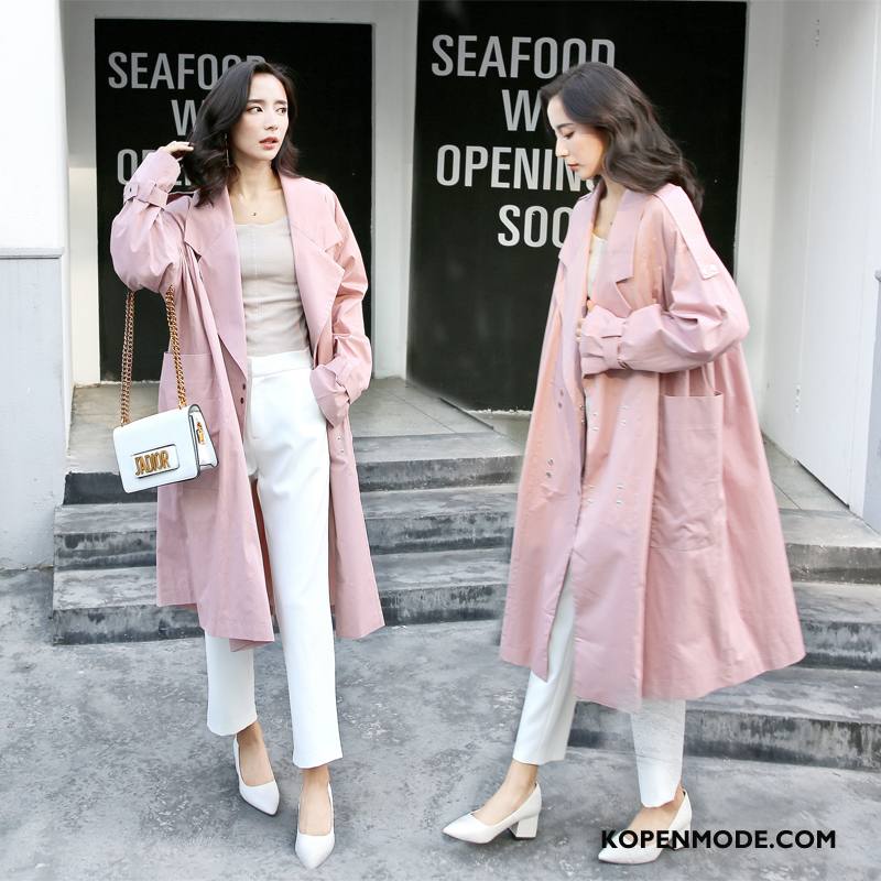 Trenchcoat Dames 2018 Slim Fit Elegante Winter Casual Eenvoudige Effen Kleur Roze
