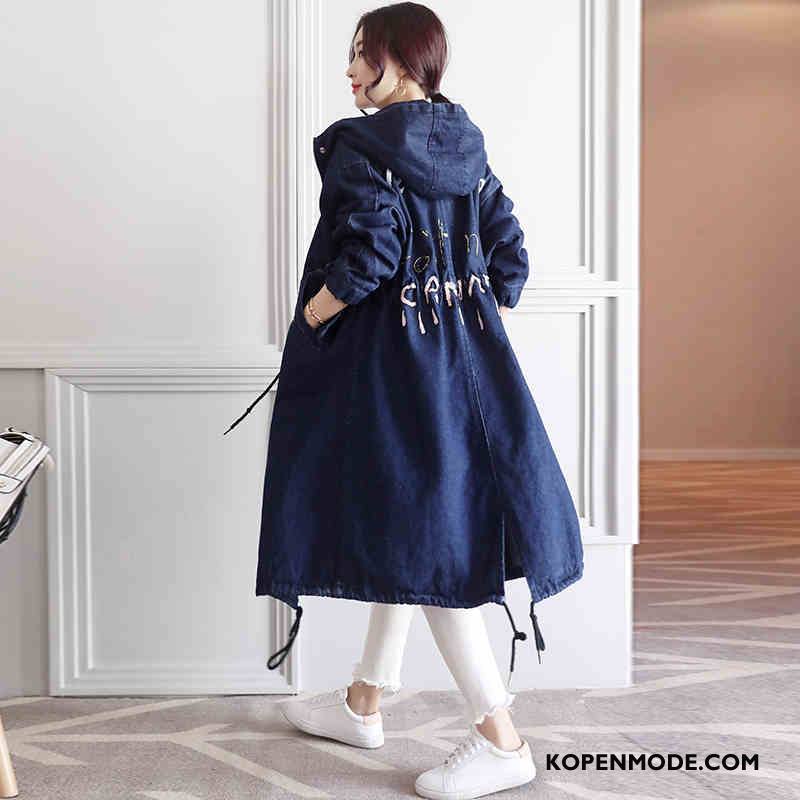 Trenchcoat Dames Denim Lang 2018 Rits Kant Voorjaar Effen Kleur Blauw