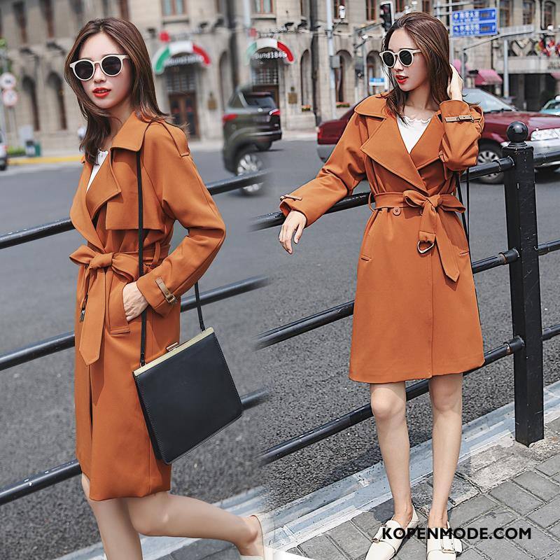 Trenchcoat Dames Elegante Casual Hoge Taille Trend Mode Strakke Karamel Kleur Effen Kleur