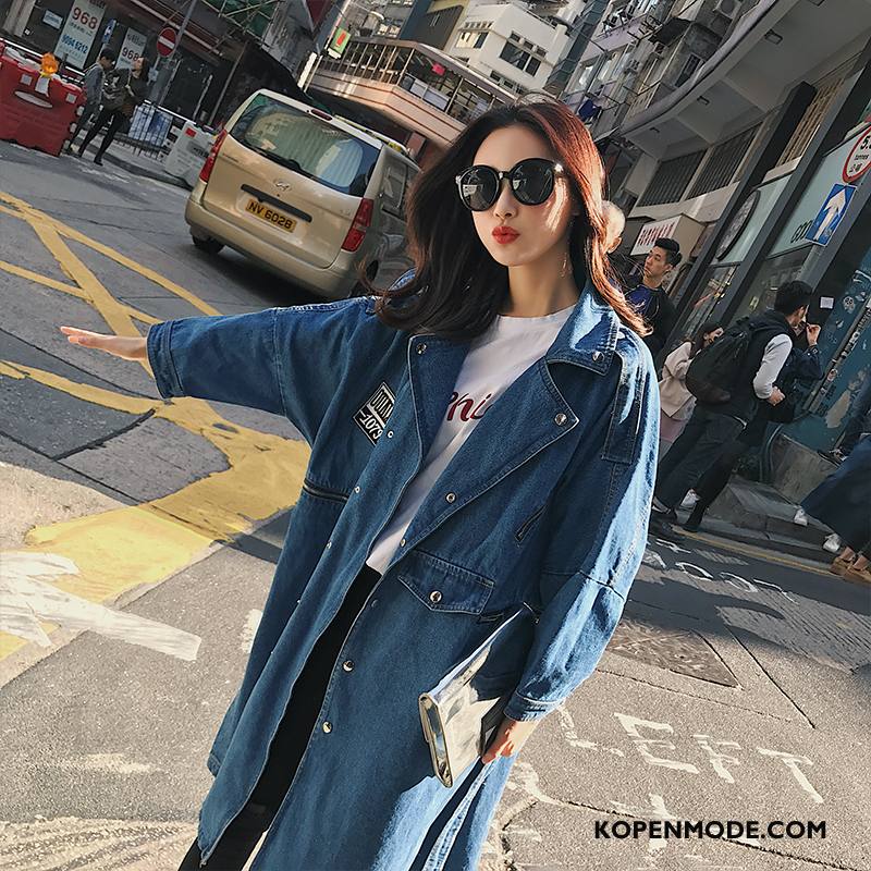 Trenchcoat Dames Elegante Eenvoudige Dunne Mode Voorjaar 2018 Blauw