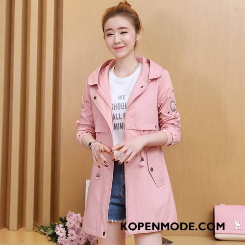 Trenchcoat Dames Elegante Hoodie 2018 Dunne Slim Fit Lang Effen Kleur Roze