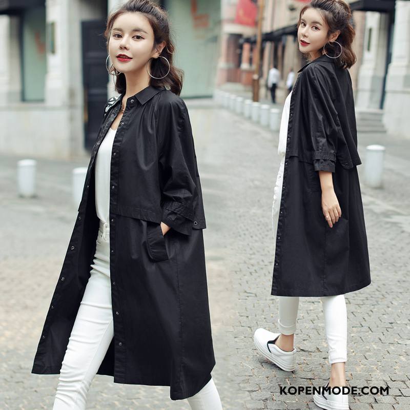 Trenchcoat Dames Elegante Lang 2018 Lange Mouwen Slim Fit Voorjaar Effen Kleur Zwart