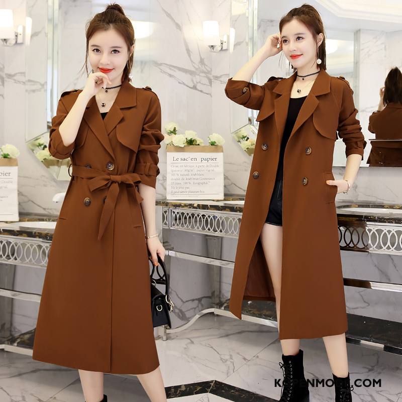 Trenchcoat Dames Elegante Voorjaar 2018 Trend Slim Fit Eenvoudige Karamel Kleur Effen Kleur