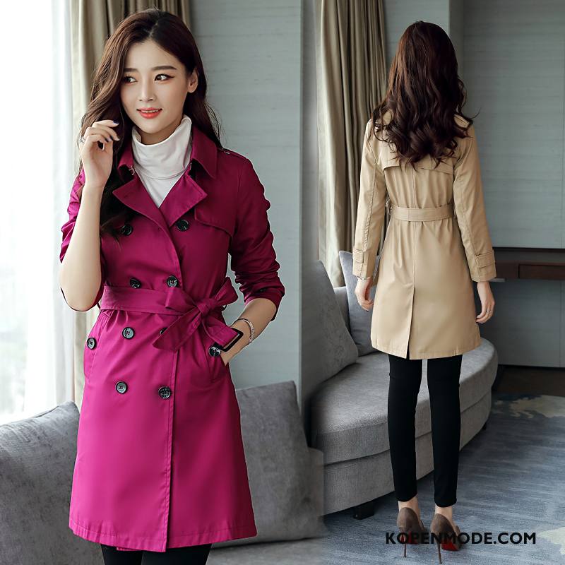 Trenchcoat Dames Herfst 2018 Elegante Mode Casual Dunne Roze Rood