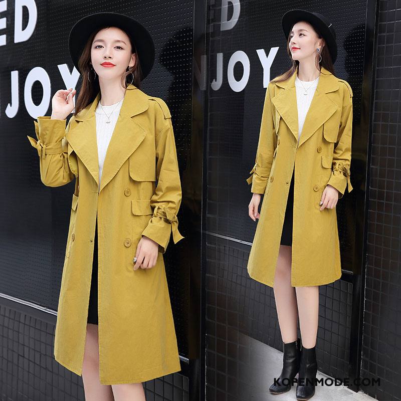 Trenchcoat Dames Herfst Zak Lang Slim Fit Lange Mouwen 2018 Effen Kleur Groen