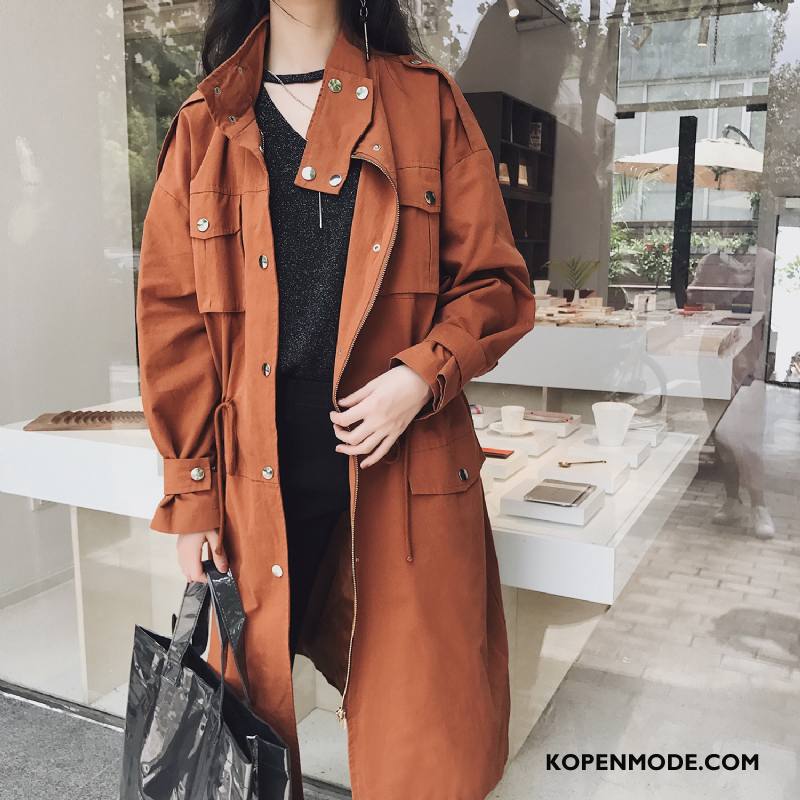 Trenchcoat Dames Hoge Kraag Mode 2018 Mouw Rits Katoen Karamel Kleur