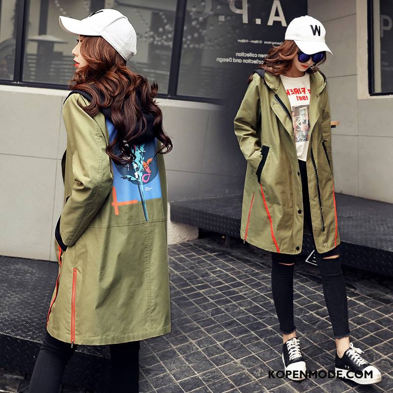 Trenchcoat Dames Hoodie Lange Mouwen Slim Fit Voorjaar 2018 Elegante Legergroene