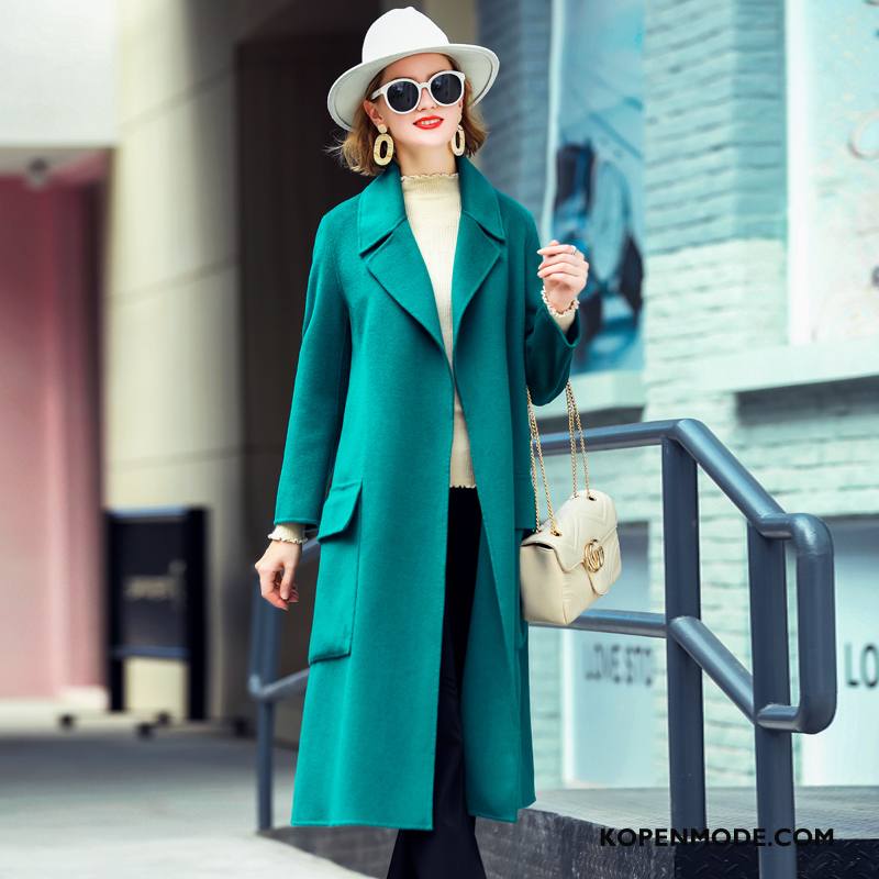 Trenchcoat Dames Jas Wol Eenvoudige Winter Lang Dunne Slim Fit Effen Kleur Groen