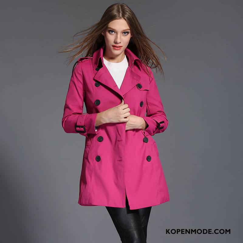 Trenchcoat Dames Kant Slim Fit 2018 Lange Mouwen Dubbele Knop Straat Roze Rood Effen Kleur