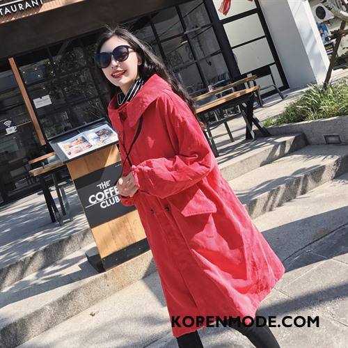 Trenchcoat Dames Lang 2018 Voorjaar Trend Hoodie Casual Effen Kleur Rood