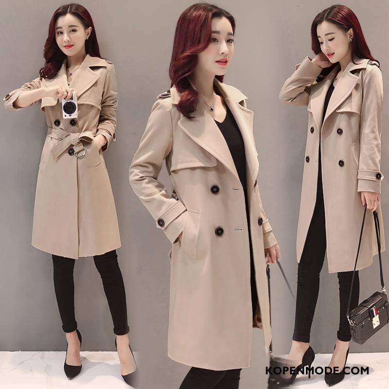 Trenchcoat Dames Lang Dunne 2018 Eenvoudige Mode Slim Fit Effen Kleur Kaki