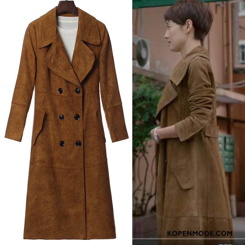 Trenchcoat Dames Lang Lange Mouwen Dunne Elegante Trend Slim Fit Goud Licht Bruin