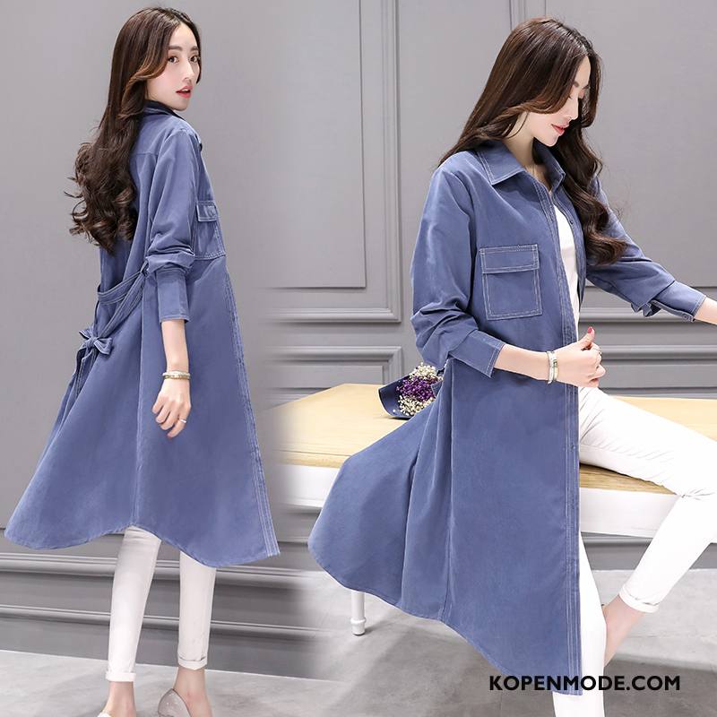 Trenchcoat Dames Lang Lange Mouwen Mooi Vers Denim 2018 Effen Kleur