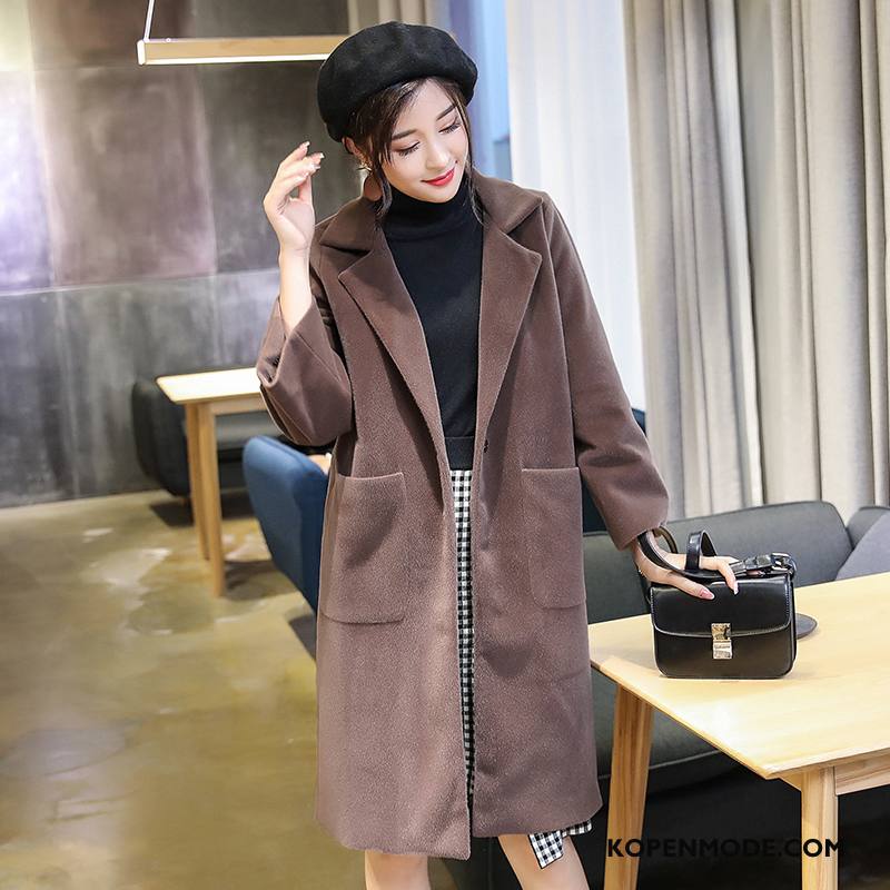 Trenchcoat Dames Lang Zak Lange Mouwen 2018 Winter Kasjmier Chocolade Kleur Effen Kleur