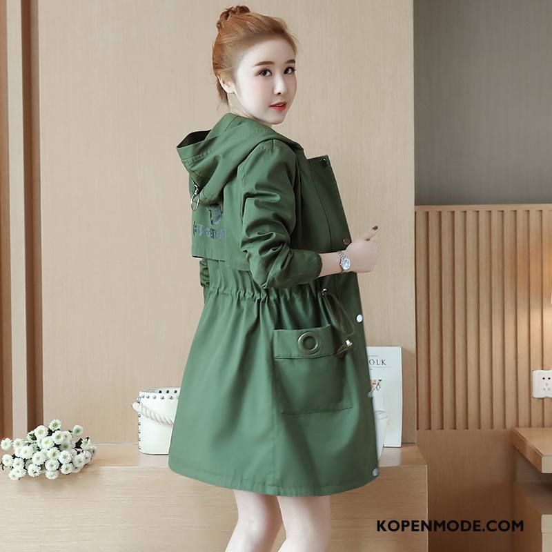 Trenchcoat Dames Lange Mouwen Elegante Straat 2018 Zoet Plooien Effen Kleur Groen