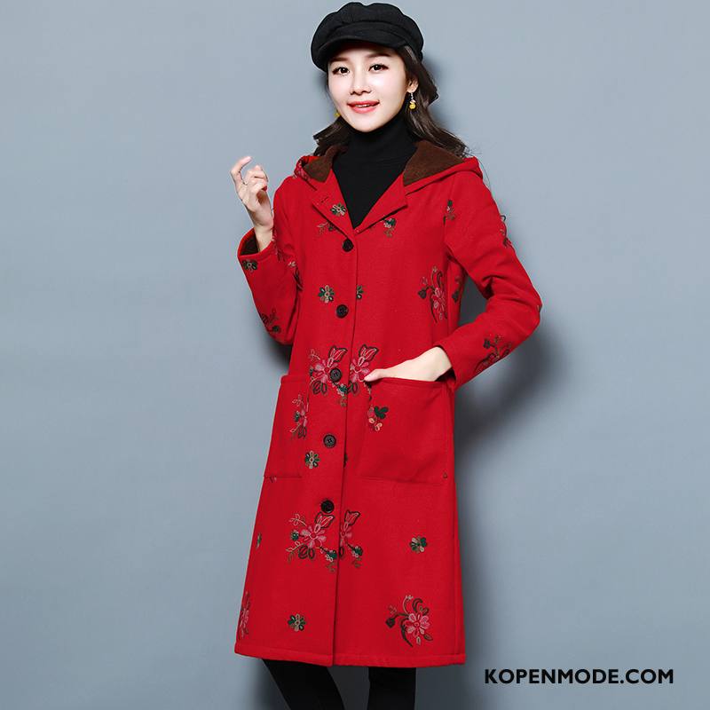 Trenchcoat Dames Lange Mouwen Hoodie Rechtdoor Mode Casual Met Één Rij Knoppen Rood