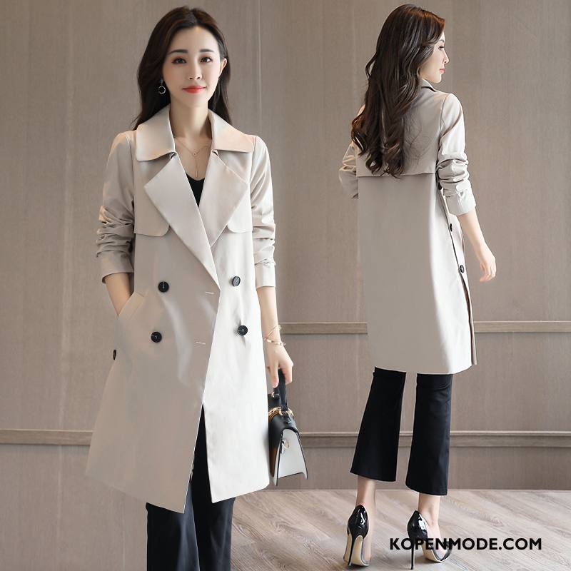 Trenchcoat Dames Lange Mouwen Knopen Slim Fit Voorjaar Dubbele Knop Pak Effen Kleur Wit Beige