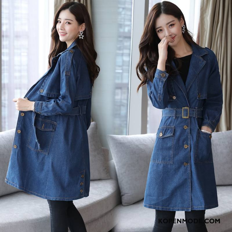 Trenchcoat Dames Met Één Rij Knoppen Herfst Mode Knopen Pak Zoet Blauw