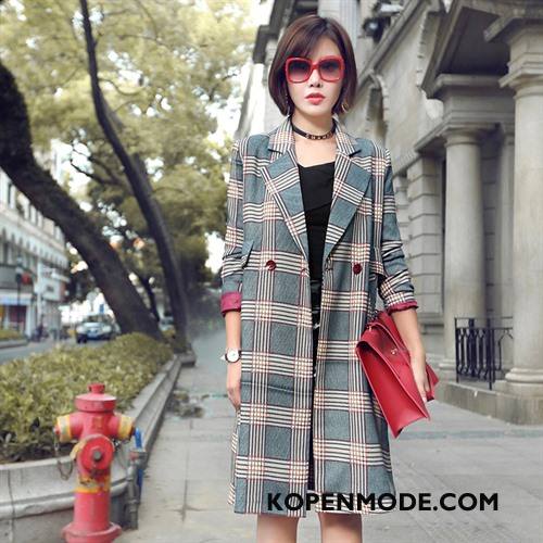 Trenchcoat Dames Mode Elegante Casual 2018 Lang Geruit Grijs