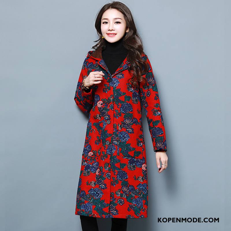 Trenchcoat Dames Mode Lang Casual Met Één Rij Knoppen Winter Hoodie Rood