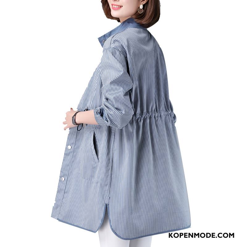 Trenchcoat Dames Nieuw Casual Omkeerbaar Lang Streep Losse Blauw