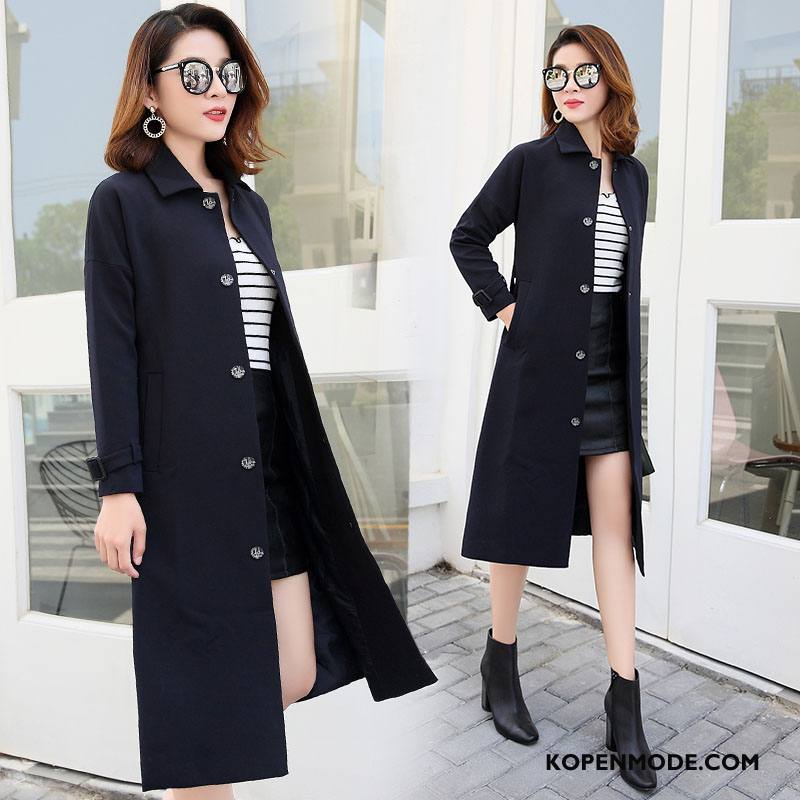 Trenchcoat Dames Persoonlijk Dunne Eenvoudige Polyester Lange Mouwen Winter Blauw