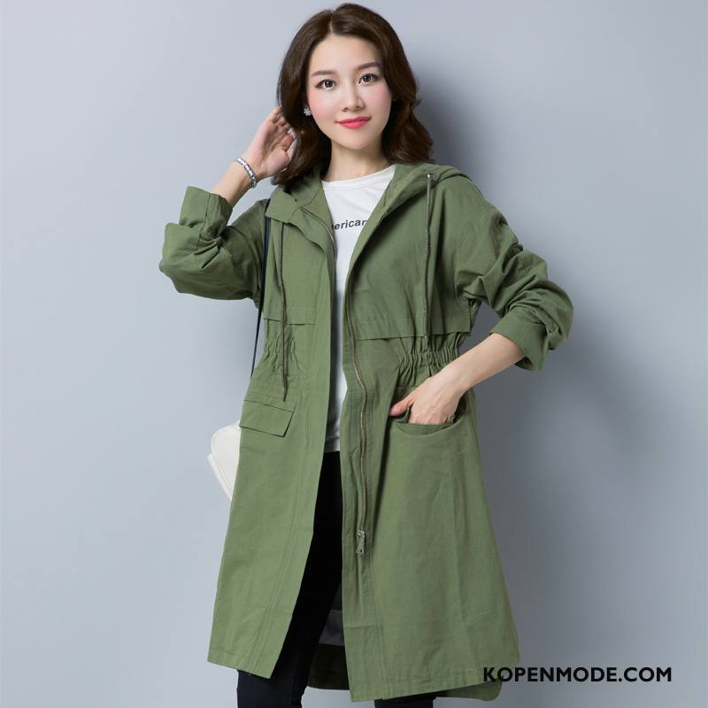 Trenchcoat Dames Persoonlijk Trend Slim Fit Dunne Lang Hoodie Effen Kleur Groen