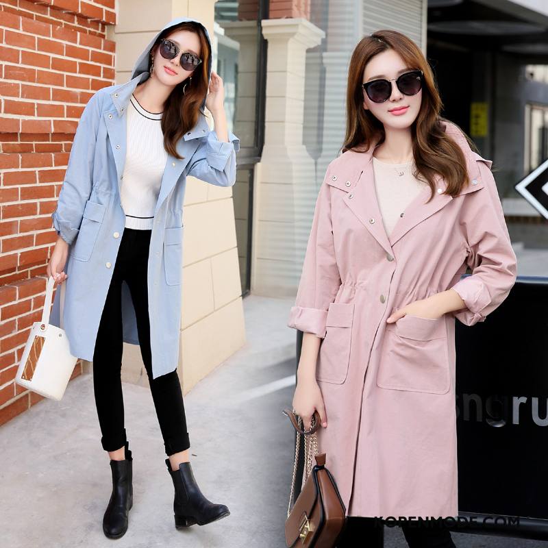 Trenchcoat Dames Polyester Herfst Lange Mouwen Slim Fit Trend Met Één Rij Knoppen Effen Kleur Roze