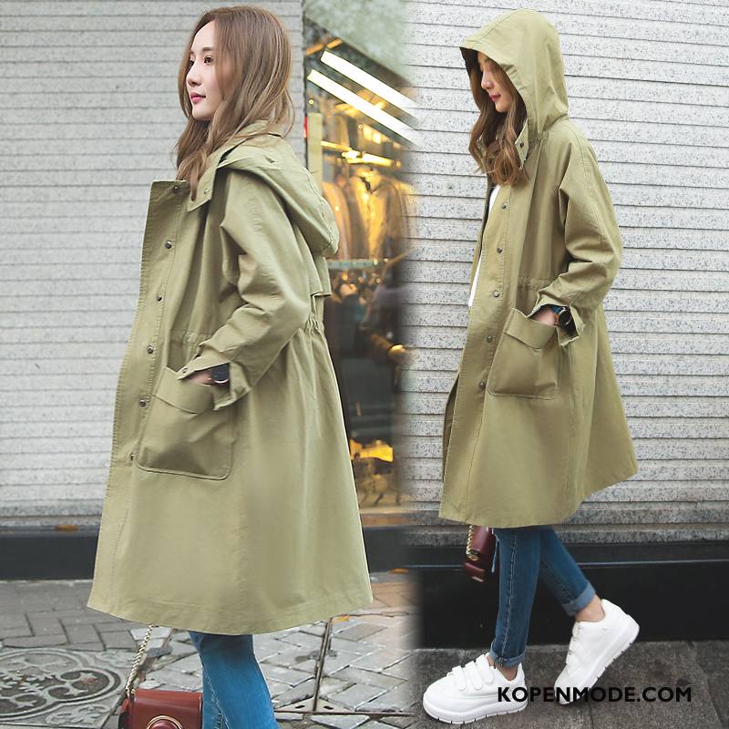 Trenchcoat Dames Rechtdoor Lang Lange Mouwen Elegante Eenvoudige Mode Effen Kleur Groen