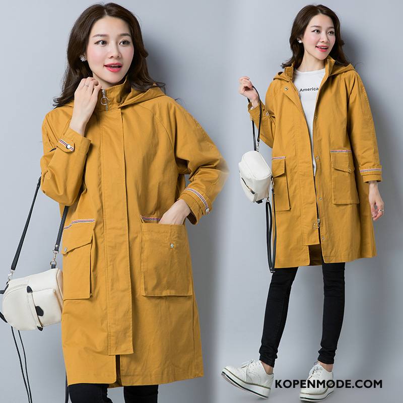 Trenchcoat Dames Slim Fit Hoodie Herfst Lang Trend 2018 Effen Kleur Geel