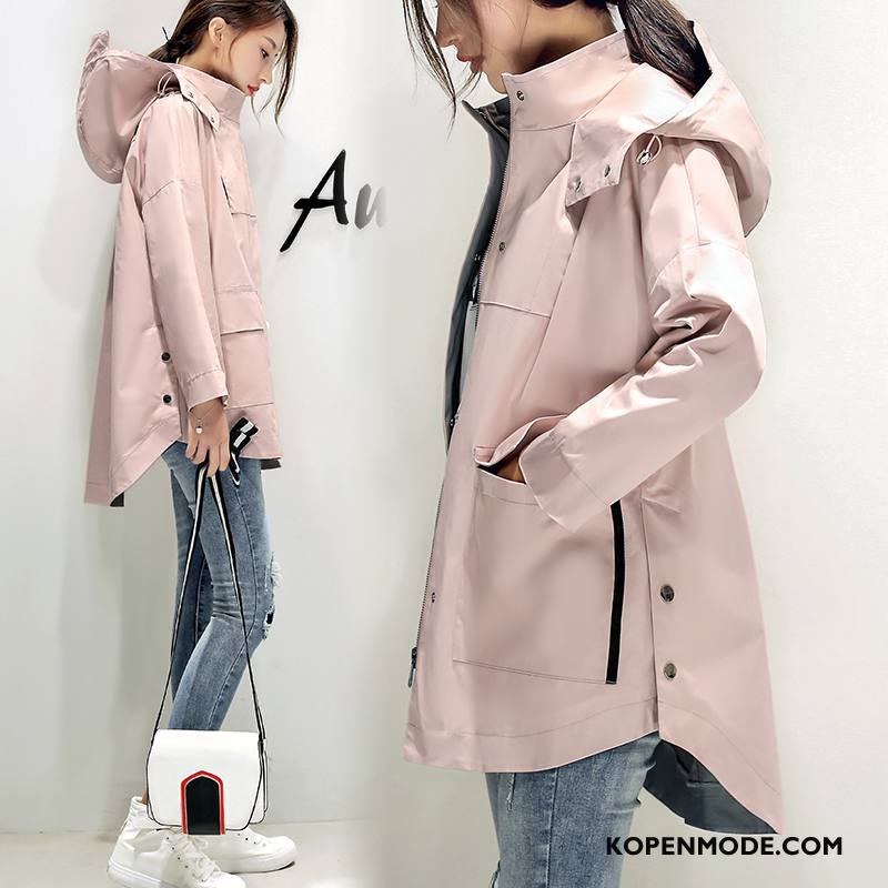 Trenchcoat Dames Voorjaar Lang Mode Elegante Hoodie Eenvoudige Roze Huidskleur