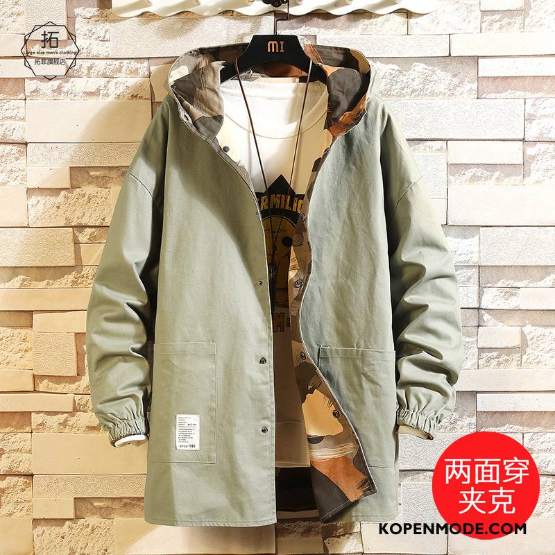 Trenchcoat Heren Omkeerbaar Jas Losse Cargo Grote Maten Hoodie Camouflage Groen