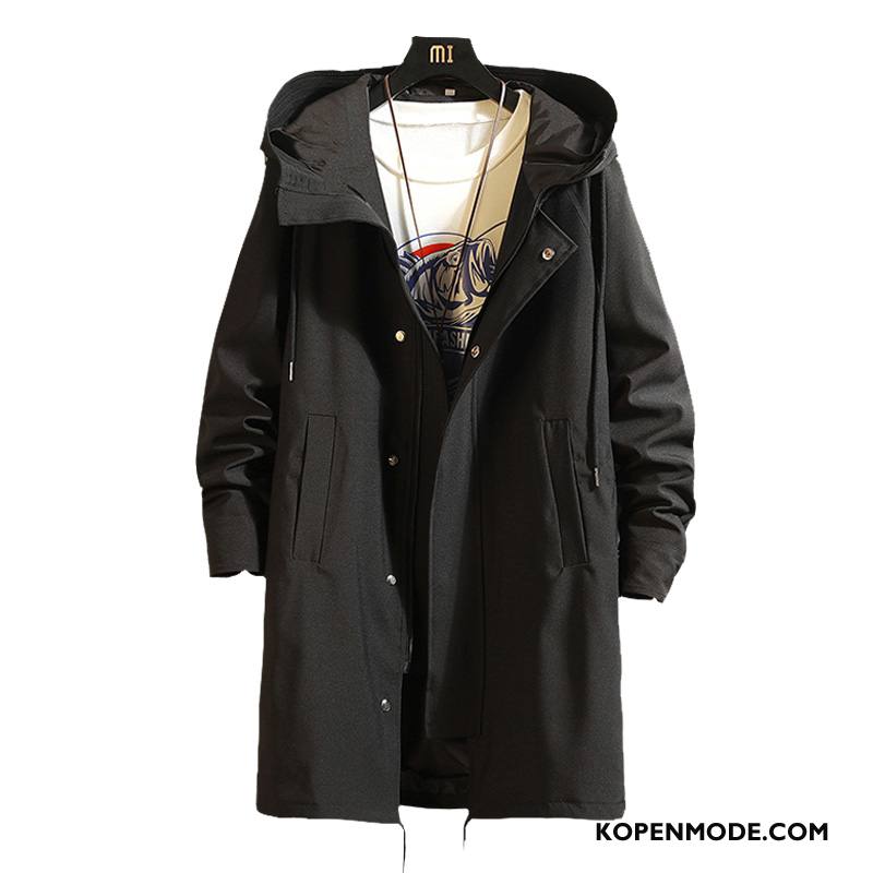 Trenchcoat Heren Winter Vet Jas Lang Losse Casual Zwart