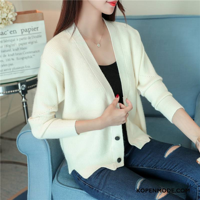 Truien Dames 2018 Gebreid Hemd Elegante Rechtdoor Cardigan Mode Effen Kleur Wit Beige